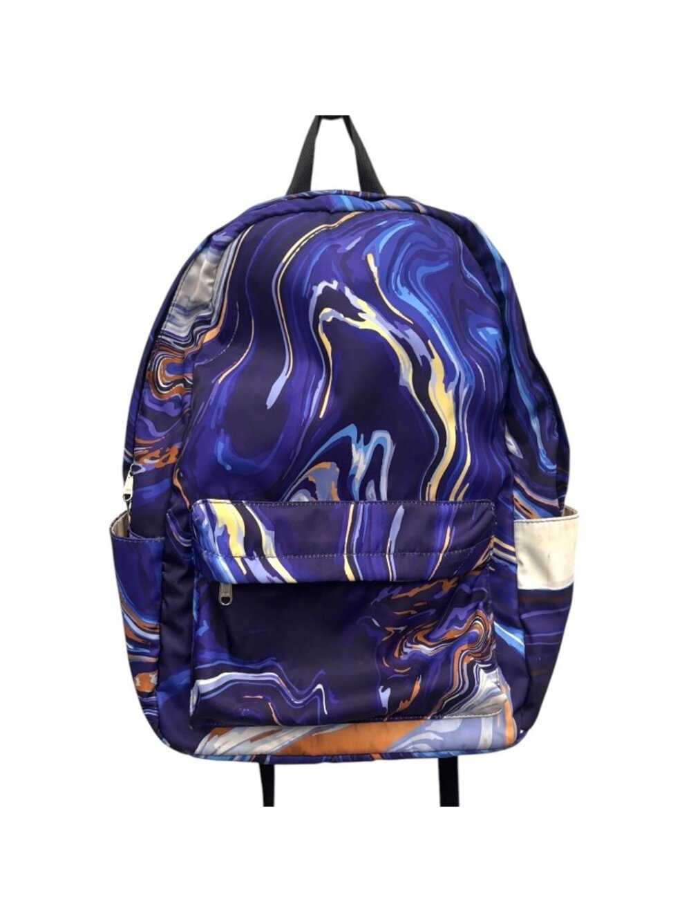 Violet Purple Marble Swirl Nylon Backpack With Front Zipper Pocket Side Pockets